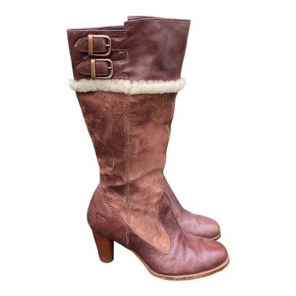 UGG suede and leather brown heeled boot size 9 - Picture 2 of 8